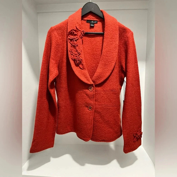 Willi Smith Orange 100% Wool Buttoned unlined blazer with floral appliqué large - Picture 1 of 11